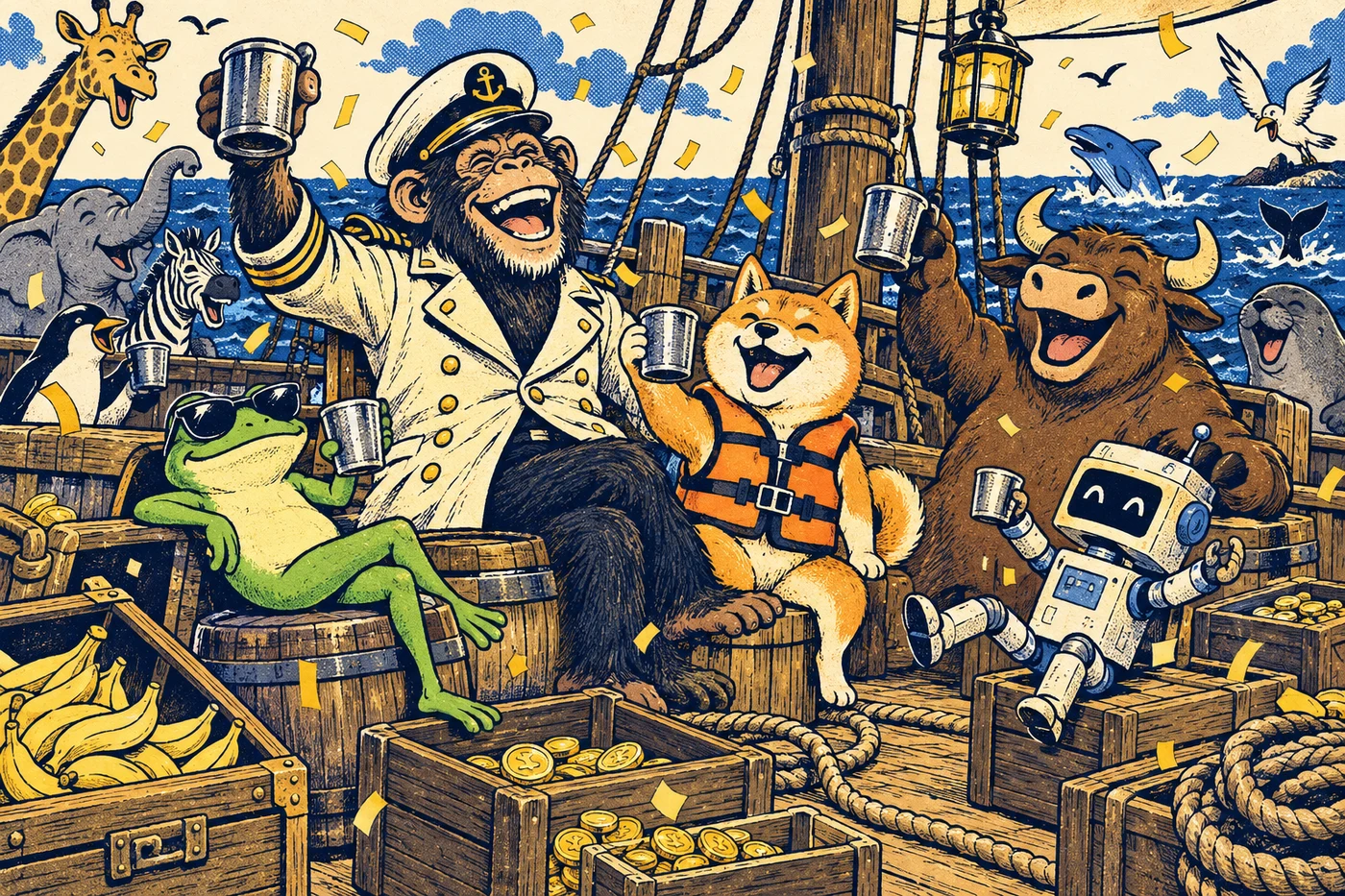 The entire Arc crew having a chaotic party on the ship’s deck