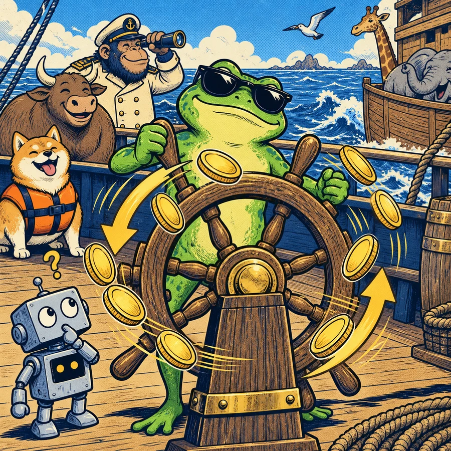 A smug frog steering the ship as a confused robot watches golden coins spin around the wheel